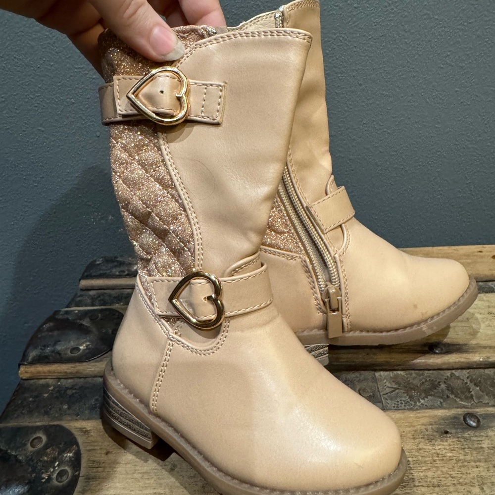 Charming Tan Kids Boots with Heart Buckles